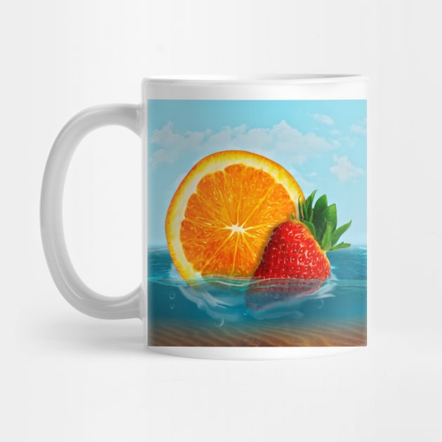 Orange and strawberry in water, strawberry dropped into blue ocean by vocej